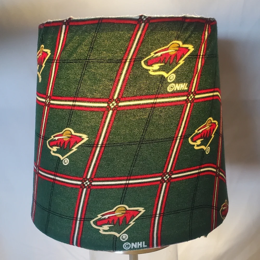 Minnesota Wild Green Plaid Table Lamp  Logo Fabric Shade Chrome Glass Base NHL